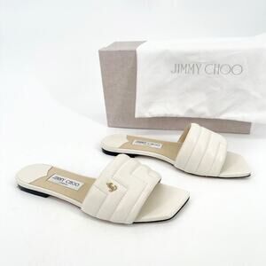 Jimmy Choo Latte White Themis Quilted Logo Leather Flat Slide Sandal size IT 40